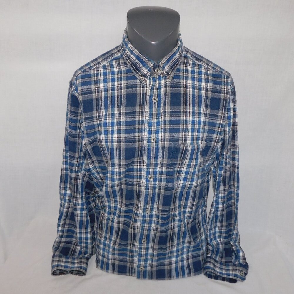 Eddie Bauer Mens L Blue White Plaid Button Front LS Relaxed fit Flannel Shirt